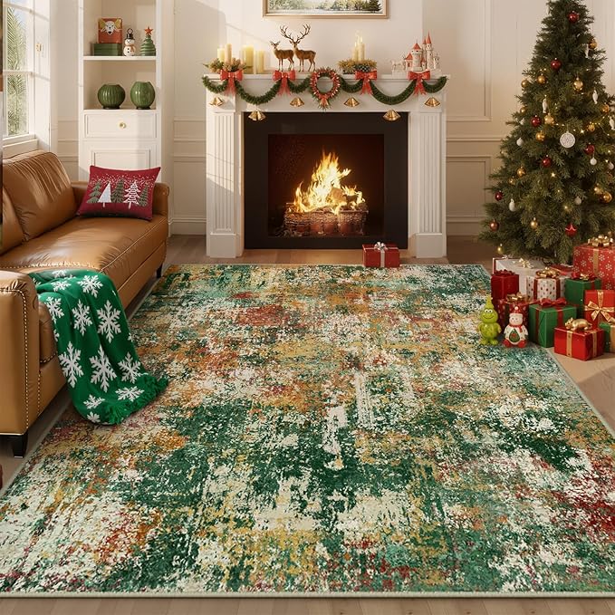 Washable Area Rugs 5'x7' Non-Slip Modern Abstract Soft for Living Room Entryway Bedroom Nursery, Print Pattern, Green Orange Rust Red Cream Colorful