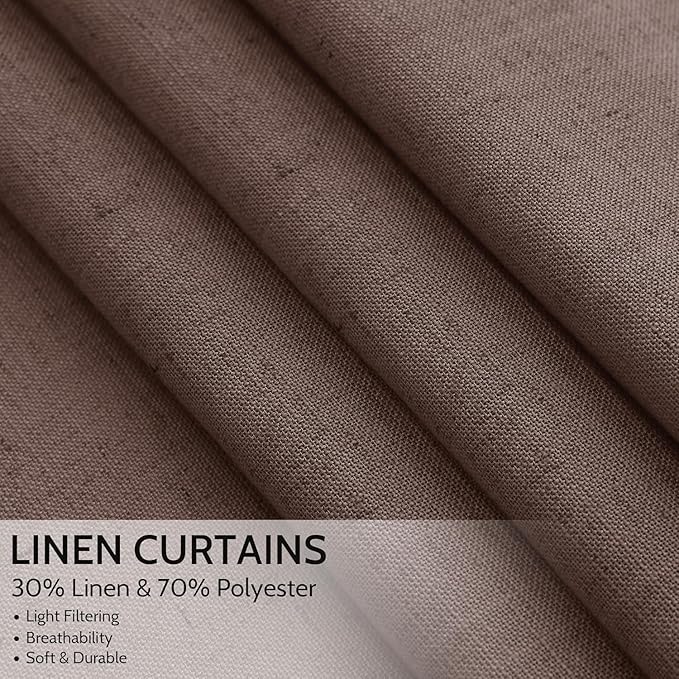 Cappuccino Linen Curtains 80 Inch Length for Living Room Light Filtering Semi Sheer Curtain Back Tab Rod Pocket Luxury Modern Rustic Home Decor Neutral Drapes for Bedroom Dinner Room 52x80, 2 Panels