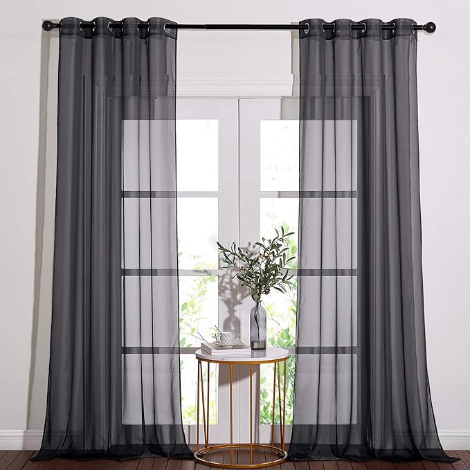 NICETOWN 96" Long Sheer Curtains - Nickel Grommet Top Lighter Weight Airy Window Voile Panel Decorations for Living Room (W54 Inches, Black, 1 Pair)
