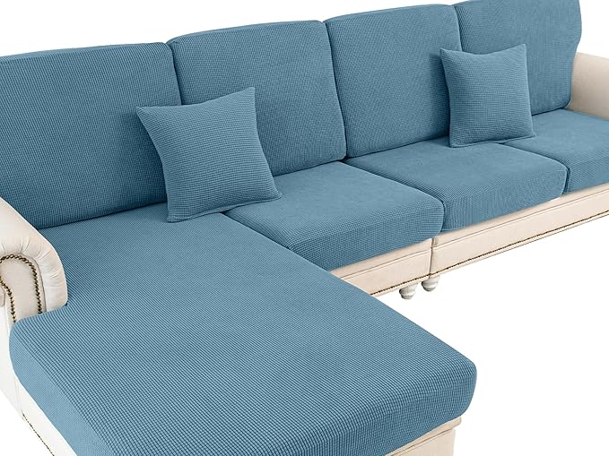 Couch Cushion Covers for Sectional Sofa L Shape Washable Separate Seat Chaise Couch Cover Stretch Sofa Slipcovers with 2 Pcs Pillowcases(3 Seater + 1 Chaise, Blue)