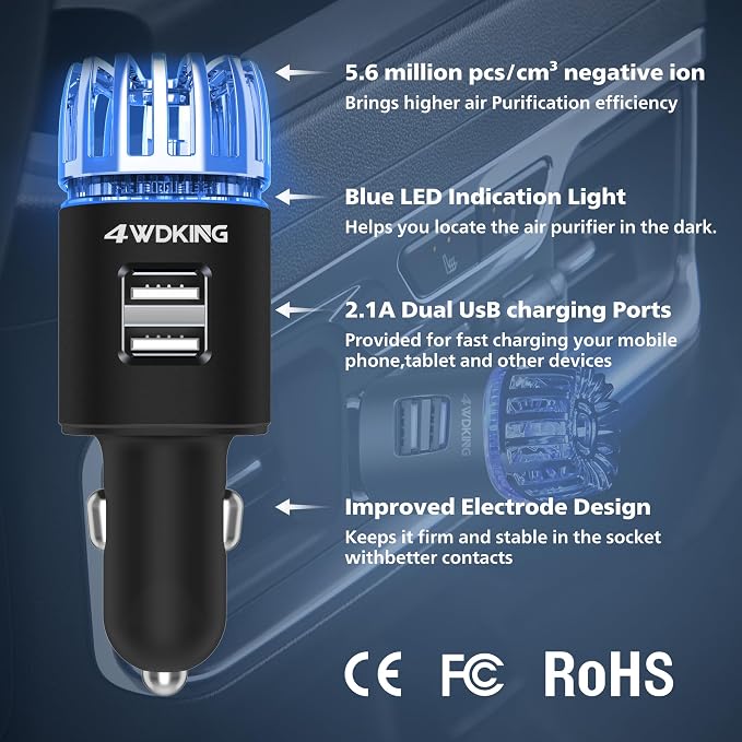 4WDKING Car Air Purifier Ionizer, 12V Plug-in Car Air Freshener Gadgets - Image 2