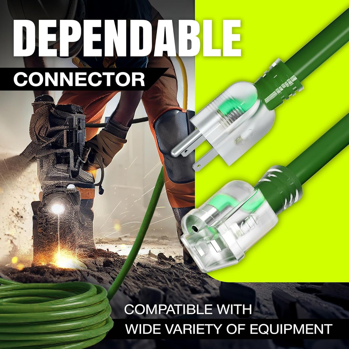 100ft Outdoor/Indoor Extension Cord 10/3 Gauge Ultra Heavy Duty 3 Prong SJTW, Waterproof, Flexible Cold-Resistant Long Power Cord,15A 125V 1875W, Green by LifeSupplyUSA
