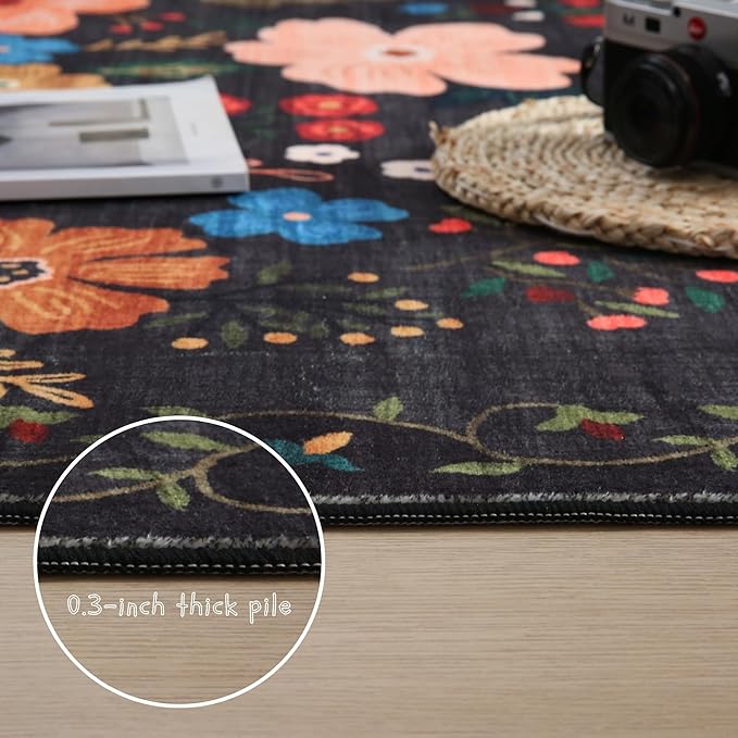 Rugcomf Door Mat Indoor Entrance 2x3 Rug Machine Washable Boho Floral Small Area Rug Non-Slip Low Pile Throw Rugs for Entryway, Kitchen, Front Door Indoor Entrance, Entry, Kids Room (Black)
