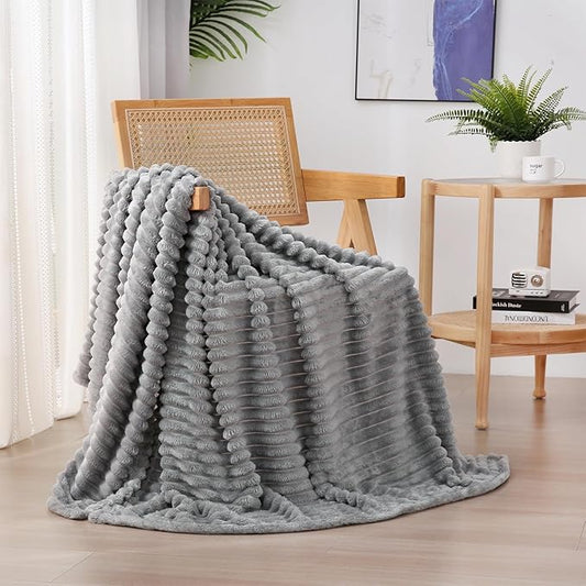 Grey Fleece Throw Blanket 50”×60” for Couch Sofa Bed,Super Soft Cozy Plush Microfiber Flannel Blanket with Stripes Design Lightweight for Adults,Woman,Girls