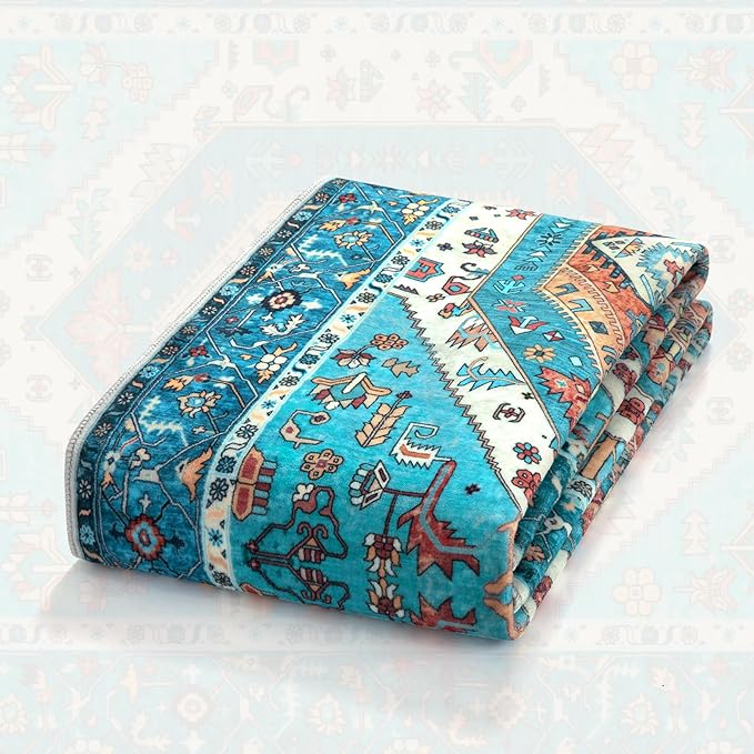 SERISSA Boho Area Rug 5x7 Blue, Washable Rugs for Living Room, Ultra Soft Non-Slip Bedroom Rug Print Distressed Vintage Tribal Farmhouse Carpet Rug for Dining Room Dorm Office Home Decor