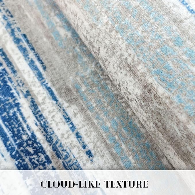 Lansny Modern Abstract Bedroom Runner Rug 2x7, Blue Washable Kitchen Runner, Non-Slip Soft Thin Faux Wool Mat for Entryway, Hallway, Laundry Room, Indoor Home Decor