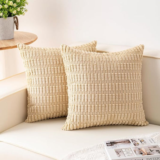 Pack of 2 Corduroy Decorative Throw Pillow Covers 24x24 InchSoft Striped Pillow Covers Modern Farmhouse Home Decor for Sofa Living Room Couch Bed（Beige）