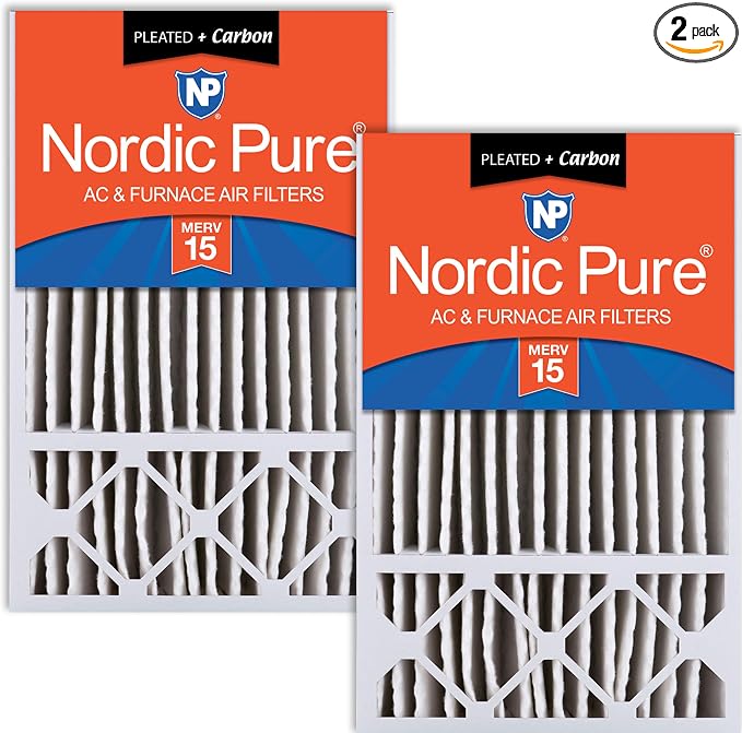 Nordic Pure 16x25x5 Pleated MERV 15 Plus Carbon Air Filters 2 Pack | Actual by NordicPure