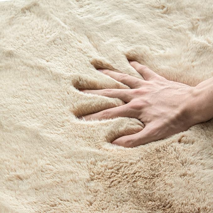 ORINOVA Camel Washable Shag Area Rugs for Living Room Small Plush Faux Bunny Shaggy Fur Round Rugs 4ft Cute Room Nursery Rug