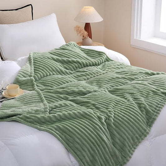 Sage Green Fleece Throw Blanket 90”×90” for Couch Sofa Bed,Super Soft Cozy Plush Microfiber Flannel Blanket with Stripes Design Lightweight for Adults,Woman,Girls