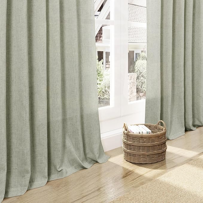 Nanspring Sage Green Semi Sheer Curtains 72 Inches Long 2 Panels Set for Bedroom Back Tab Rod Pocket Light Filtering Drapes Cotton Linen Textured Pale Green Farmhouse Living Room Curtain 52X72 Inch