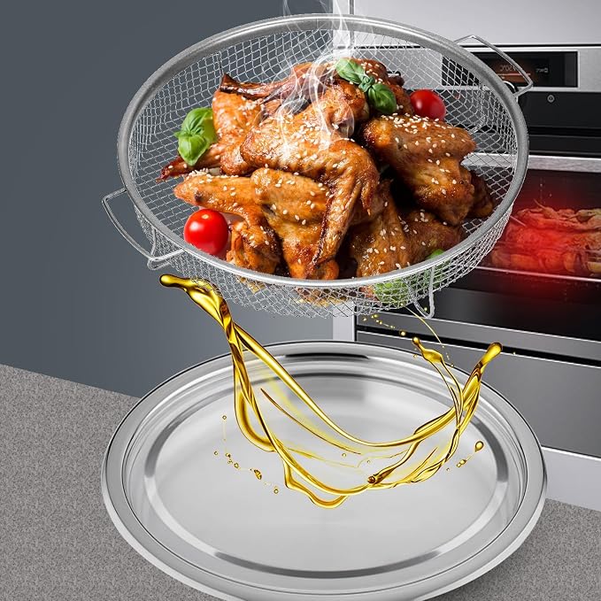 Air Fryer Basket for Oven, 2 Pieces Set Round Silver 12.9'' Non-stick Stainless - Image 4