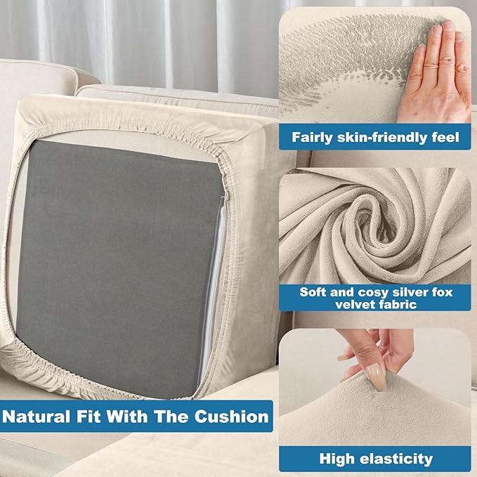 Couch Cover 3-Piece Elastic Velvet Couch Cushion Covers & Chaise Slipcovers for L-Shaped Sofas - Sofa Seat Covers Washable, Soft Protector for Couches (2 Seater + Chaise, Cream)