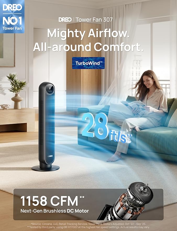 DREO Tower Fan for Bedroom, 2026 Upgraded DC Motor, 28ft/s High Velocity - Image 2