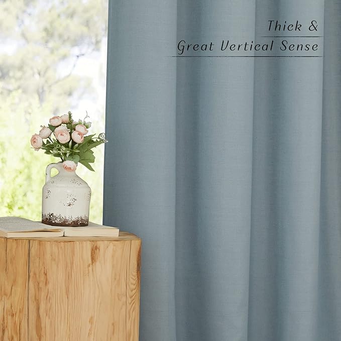 NICETOWN Thick Flax Linen Stone Blue Curtains for Living Room, Grommet Vertical Drapes Linen Blend Curtains Privacy Added with Light Filtering for Villa/Bedroom, W55 x L90, 1 Pair
