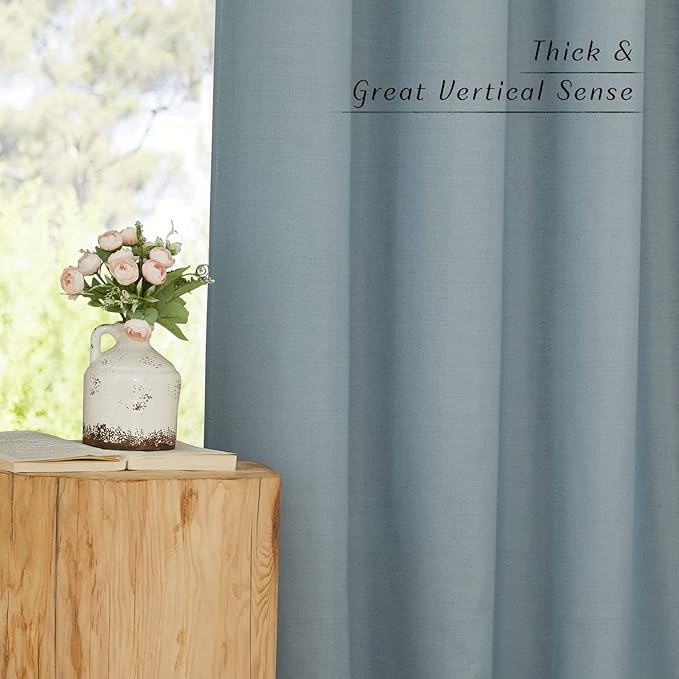 NICETOWN Thick Linen Blend Curtains Flax Textured for Bedroom, Rustic Grommet Semi Sheer Privacy Added Window Curtains & Drapes Light Filtering for Nursery, Stone Blue, W42 x L63, Set of 2
