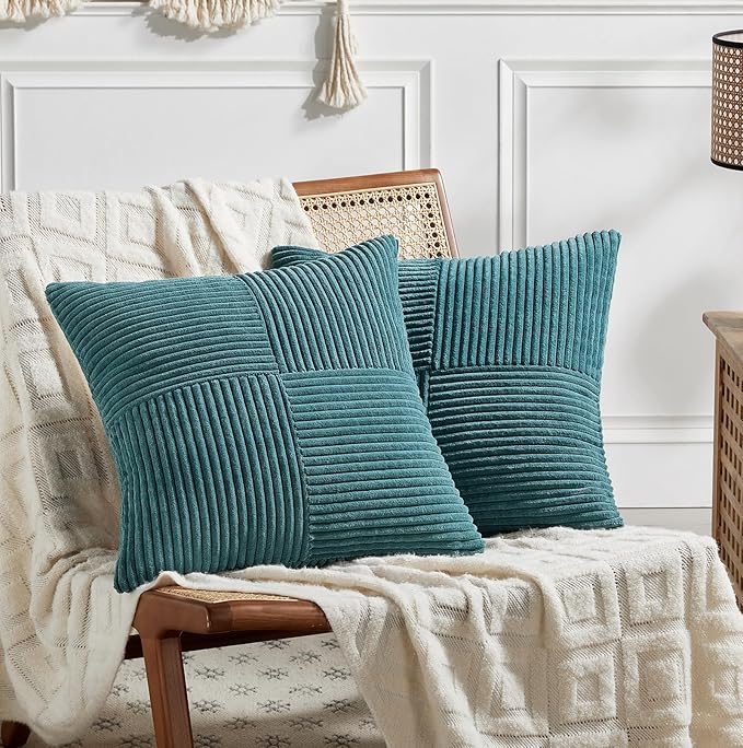 Fancy Homi 2 Packs Teal Decorative Throw Pillow Covers 22x22 Inch for Living Room Couch Bed Sofa, Rustic Farmhouse Boho Home Decor, Soft Corss Corduroy Patchwork Accent Square Cushion Case 55x55 cm