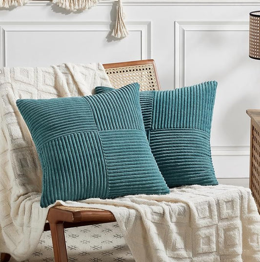 Fancy Homi 2 Packs Teal Euro Decorative Throw Pillow Covers 28x28 Inch for Couch Bed Sofa, Rustic Farmhouse Boho Home Decor, Soft Corss Corduroy Patchwork Textured Square Cushion Case 71x71 cm