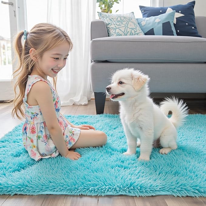 Area Rugs 9x12 Living Room, Shaggy Carpet Soft Plush Furry Bedside Rug Large Area Rugs for Bedroom Kids Girls Boys Home Decor Anti Slip(9 x 12, Teal Blue)