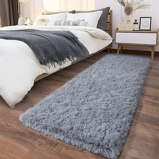 Fluffy Shag Runner Rugs for Bedroom Hallways, 2x8 Grey Long Soft Throw Area Rug Non Slip for Bedside Dorm, Shaggy Furry Carpet for Nursery Living Room Home Decor