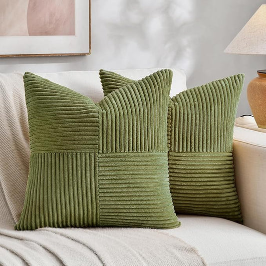 Fancy Homi 2 Packs Moss Green Decorative Throw Pillow Covers 16x16 Inch for Living Room Couch Bed, Rustic Farmhouse Boho Home Decor, Soft Corss Patchwork Corduroy Textured Square Cushion Case 40x40 cm