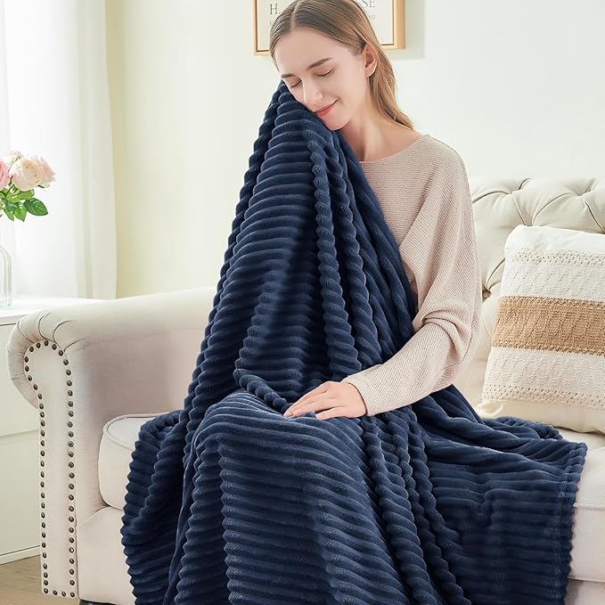BEDELITE Fleece Blanket Queen Size – 3D Ribbed Jacquard Soft and Warm Decorative Fuzzy Blankets – Cozy, Fluffy, Plush Lightweight Throw Blankets for Couch, Bed, Sofa(Navy Blue, 90x90 inches)