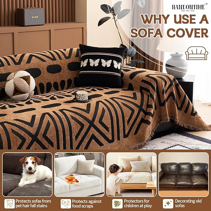HANDONTIME Boho Couch Cover Geometric Striped Pet Covers for Couches and Sofas Copper Brown and Black Dog Cover for Couch Pet Friendly Chenille Sectional Sofa Covers for Pets Washable, 71" X 150"
