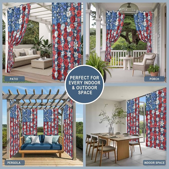 4th of July Outdoor Curtains for Patio Patriotic Flowers Farmhouse Red - Image 8