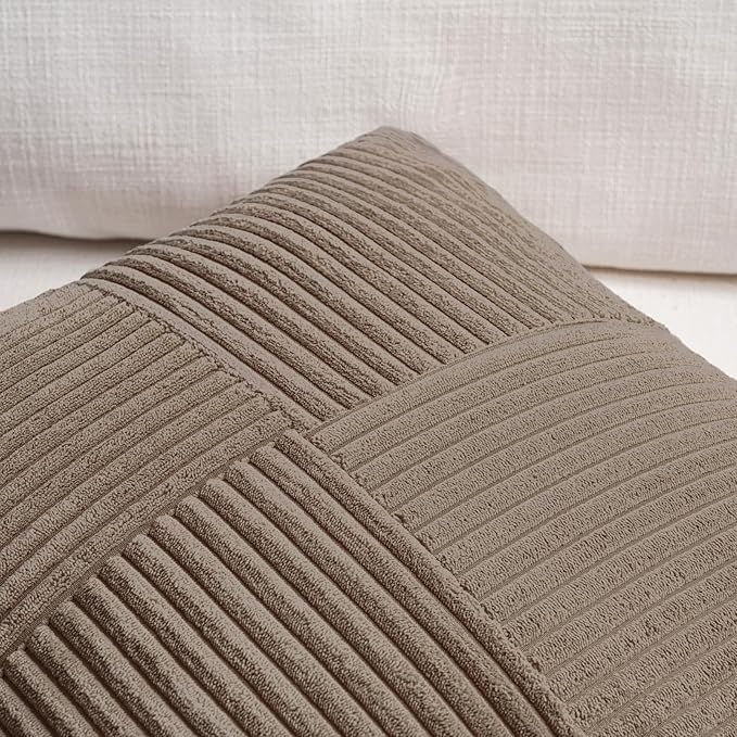 Fancy Homi Set of 2, Light Brown Patchwork Corduroy Decorative Soft Striped Modern Accent Cushion Case Farmhouse Boho Neutral Throw Pillow Covers for Chair Couch Bed Sofa Living Room 24x24 Inch