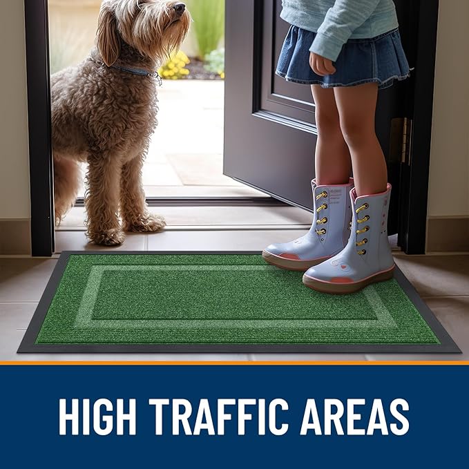 OLANLY Front Door Mat Indoor Outdoor Entrance, Waterproof All-Season, All-Weather Doormat, Sturdy Natural Rubber, Fade Resistant, Low Profile, Easy Clean Patio Porch Entryway Mat, 29.5x17, Green