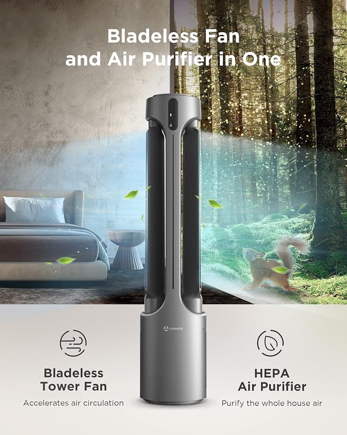 AIRMATE Air Purifier Bladeless Tower Fans, 1500CFM Large Air Volume, 28ft/s - Image 2