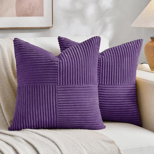 Fancy Homi 2 Packs Purple Decorative Throw Pillow Covers 18x18 Inch for Living Room Couch Bed, Boho Farmhouse Home Decor, Soft Corss Corduroy Patchwork Textured Square Cushion Case 45x45 cm