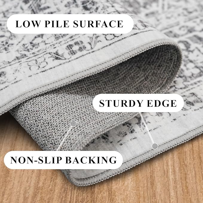 Washable 2'6''x14' Runner Rug - Non-Slip Vintage Runner Rug for Entryway Low-Pile Medallion Long Rugs for Hallway Waterproof Traditional Indoor Thin Rug for Kitchen (Grey)