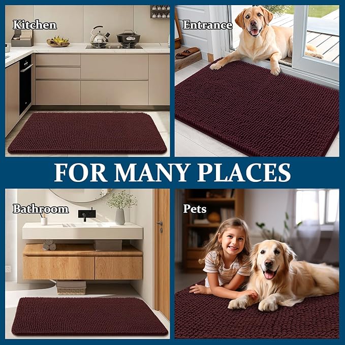 OLANLY Dog Door Mat for Muddy Paws 47x24, Absorbs Moisture and Dirt, Absorbent Non-Slip Washable Doormat, Quick Dry Chenille Mud Mat for Dogs, Entry Indoor Entryway Carpet for Inside Floor, Russet