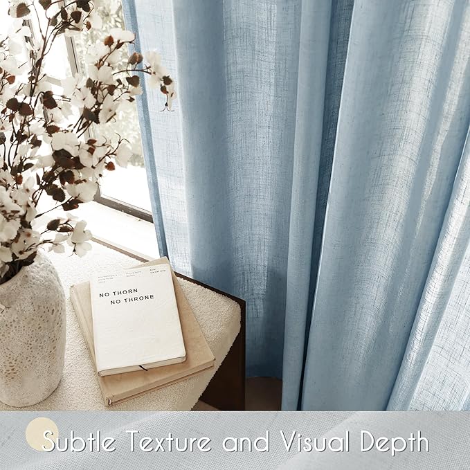 Dusty Blue Linen Curtains 84 inch Long for Living Room Back Tab Light Filtering Semi Sheer Light Blue Bedroom Curtains Linen Cotton Textured Grey Blue Drapery Panel Airy Modern Aesthetic Decor