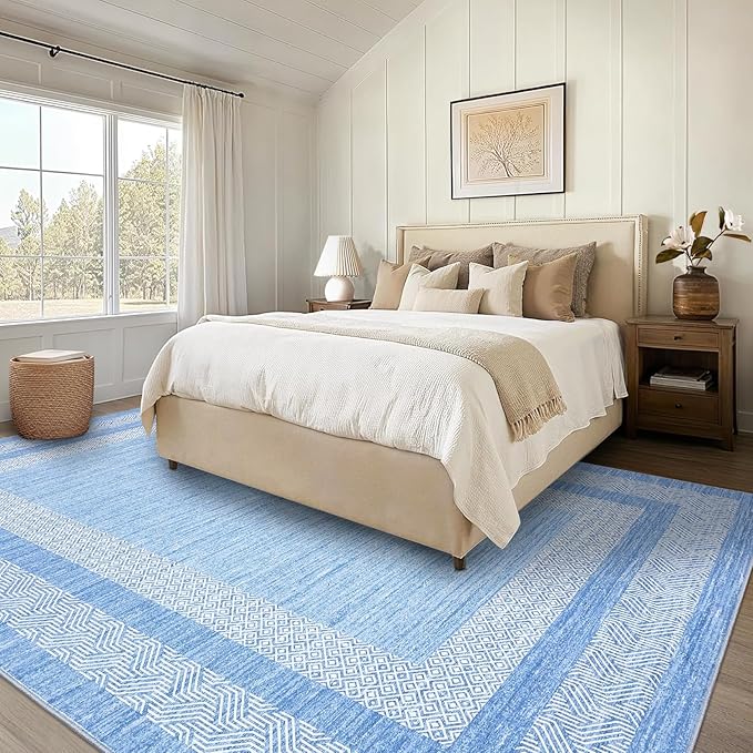 GarveeHome 10x13 Large Washable Geometric Area Rug Non Slip Non Shedding Floor Carpet, Modern Bordered Distressed Light Blue Indoor Printed Rug for Living Room, Bedroom, Office