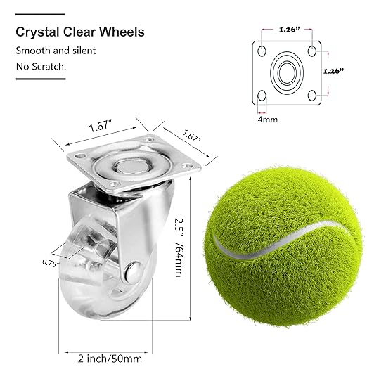 Caster Set of 4, Swivel Wheels for Furniture, 2 Inch Heavy Duty 500LBS Crystal - Image 2