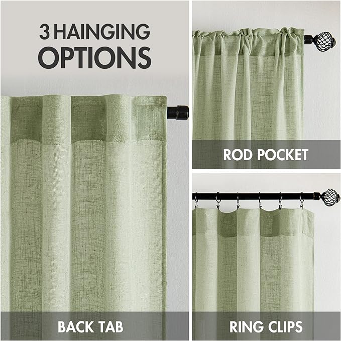 MIULEE Sage Green Linen Curtains 84 Inch Length for Bedroom Living Room, Soft Thick Linen Textured Window Drapes Semi Sheer Light Filtering Back Tab Rod Pocket Burlap Look Spring Decor, 2 Panels