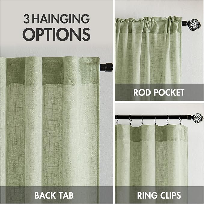 MIULEE Sage Green Linen Curtains 102 Inch Length 2 Panels for Bedroom Living Room, Soft Thick Linen Textured Window Drapes Semi Sheer Light Filtering Back Tab Rod Pocket Burlap Look Decor