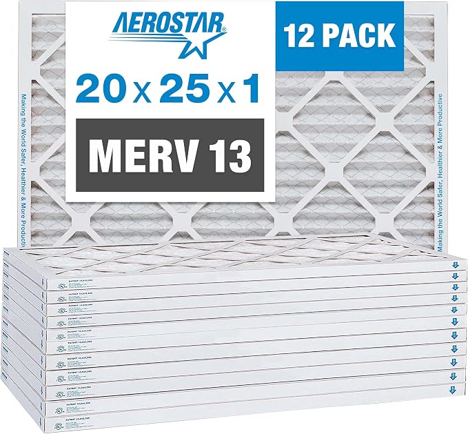 Aerostar 20x25x1 MERV 13 Pleated Air Filter, AC Furnace Air Filter, 12 Pack by AirFiltersDelivered