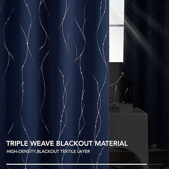 Deconovo Navy Blue Curtains, Blackout Curtain for Bedroom, 42 x 72 Inch, Thermal Insulated Soundproof Privacy Drapes with Silver Wave Dots Pattern, Grommet Top, Machine Washable Panel for Living Room