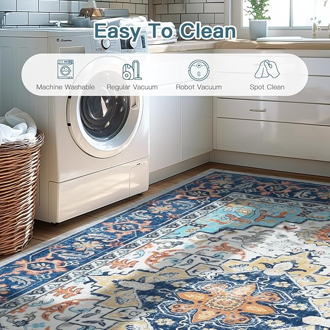 Lofus 2x6 Hallway Washable Runner Rug, Vintage Kitchen Runners Non Slip, Entryway Rugs for Bathroom Bedroom Living Room Laundry Room Floor Mat, Boho Entry Long Carpet, Floral Blue