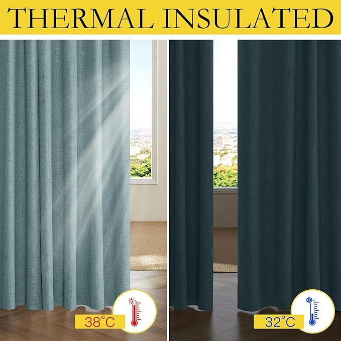 NICETOWN 100% Absolutely Blackout Linen Curtains with Thermal Insulated White Liner, Skylark Blue, 42 inches Wide, 84 inches Length Energy Saving Curtains for Living Room 2 Panels Set, Vertical Blinds