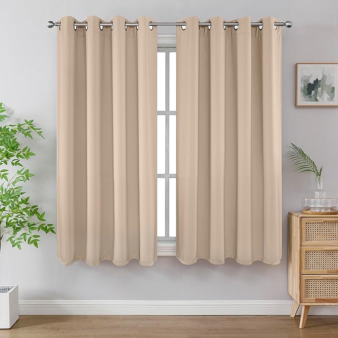 Joydeco Blackout Curtains 63 Inch Length 2 Panels Set, Thermal Insulated Long Curtains& Drapes 2 Burg, Room Darkening Grommet Drapes for Living Room Bedroom Window (W52 x L63 Inch, Light Beige)