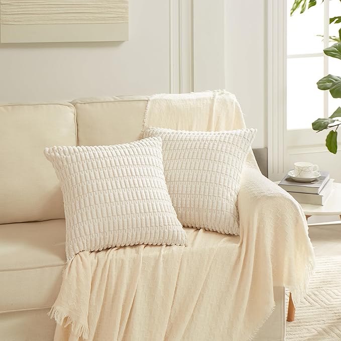 Fancy Homi 4 Packs Neutral Lumbar Decorative Throw Pillow Covers 12x20 Inch for Living Room Couch Bed Sofa, Boho Home Decor, Soft Striped Corduroy Rectangle Accent Beige Cushion Case 30x50 cm