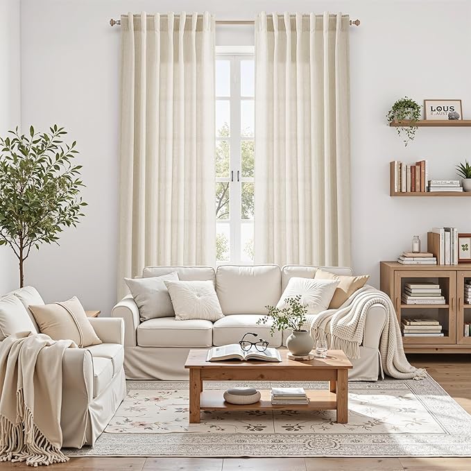 Nanspring Extra Long 120 Inch Curtains for Living Room Birch Beige Linen Light Filtering Semi Sheer Curtain Back Tab Modern Farmhouse Decor Floor to Ceiling High Window for Bedroom 52x120, 2 Panels