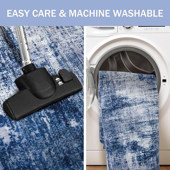 IOHOUZE Abstract Runner Rug 2x12 Ft Washable Runners for Hallways, Non Slip Kitchen Runner Printed Faux Wool Entryway Runner Indoor, Modern Abstract Floor Carpet for Hall Kitchen, Navy/Grey