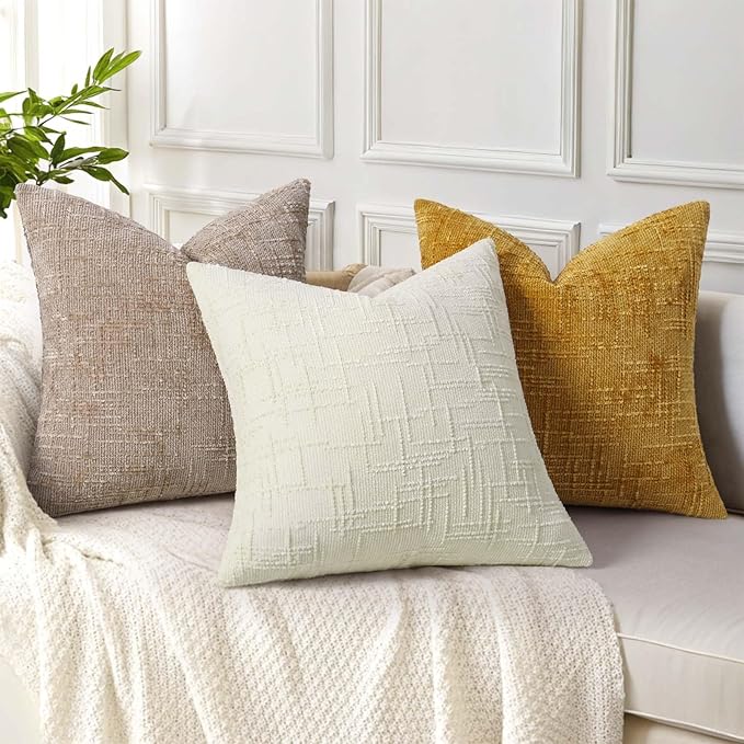 decorUhome Summer Cream White Chenille Throw Pillow Covers 16x16 Set of 2 Textured Soft Cozy Slubby Couch Pillow Covers Modern Farmhouse Boho Decorative Pillow Cases for Bed Sofa Living Room