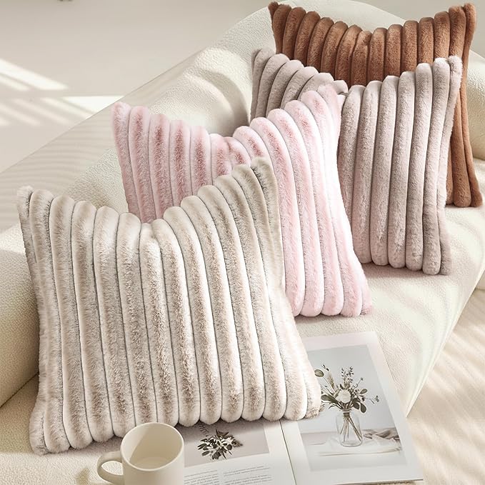 decorUhome Summer Cozy Faux Fur Throw Pillow Covers 24x24 Set of 2 Decorative Plush Striped Modern Farmhouse Boho Couch Euro Sham Pillow Cases with Velvet Back for Sofa Bed Living Room, Pink White