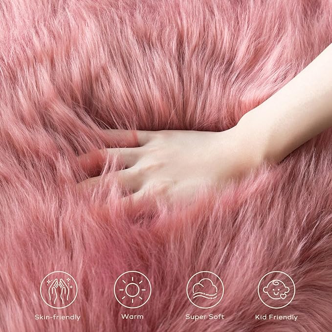 Ashler Faux Fur Rug, Fluffy Shaggy Area Rug Ultra Soft 2 x 6 Feet Sheepskin, Blush Pink Fuzzy Rug Machine Washable Shag Rug, Nursery Decor Throw Rugs for Bedroom, Kids Room, Living Room